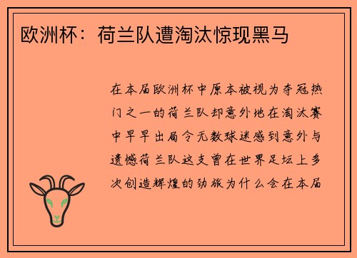 欧洲杯：荷兰队遭淘汰惊现黑马