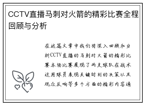 CCTV直播马刺对火箭的精彩比赛全程回顾与分析