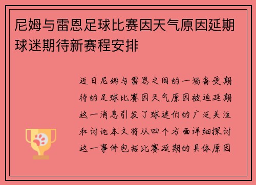 尼姆与雷恩足球比赛因天气原因延期球迷期待新赛程安排