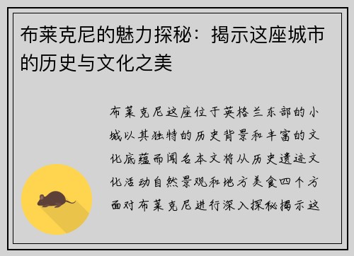 布莱克尼的魅力探秘：揭示这座城市的历史与文化之美